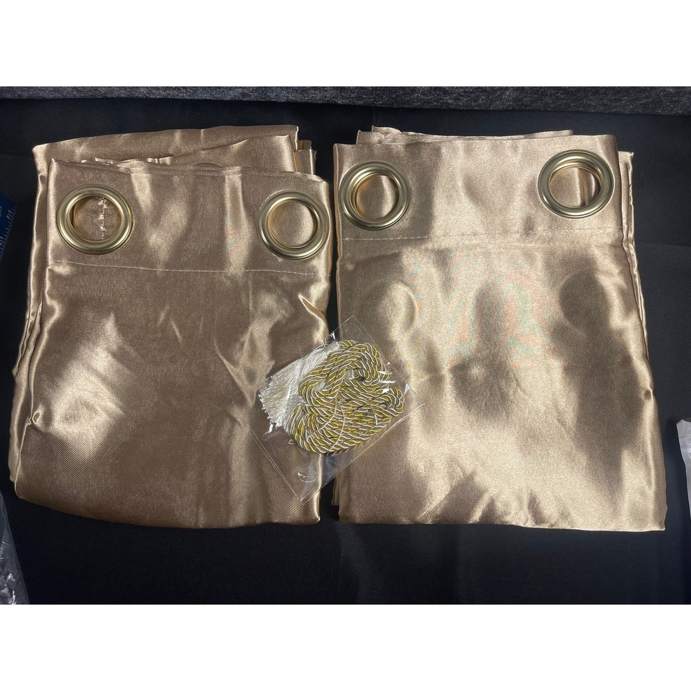 MYRU Champagne Gold Satin Grommet Curtain Panels 52x96 Pair with Tiebacks NEW